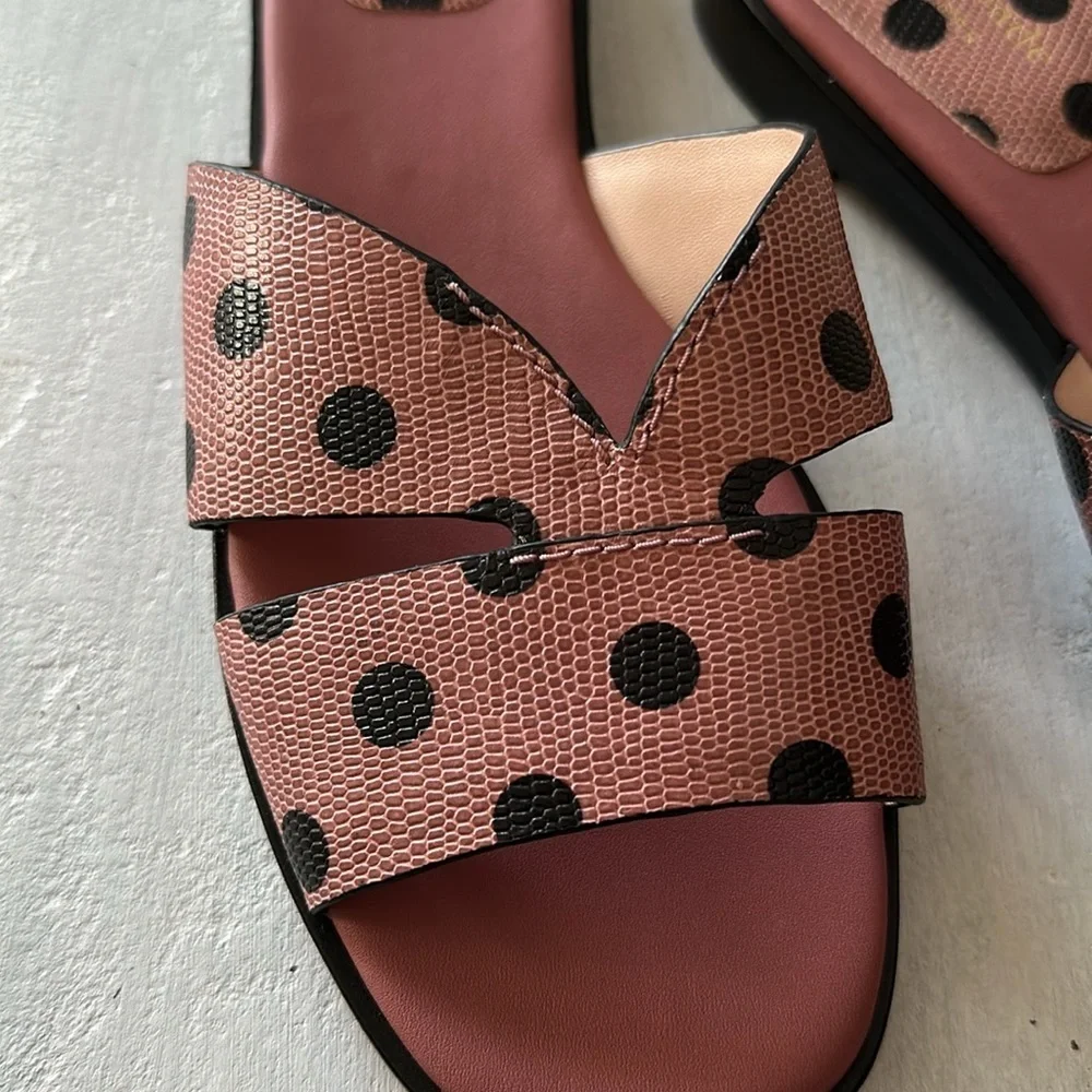 Kate Spade Dock Strappy Leather Slide Sandal Pink Black Dolka Dots Size 8 Summer